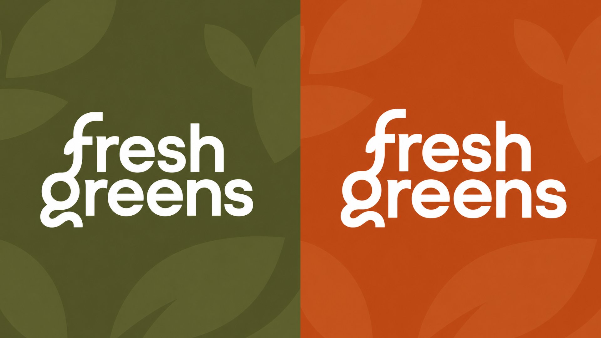 Fresh Greens wordmark on olive green and warm orange brand fields