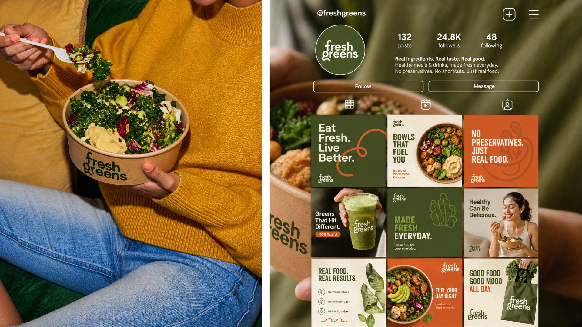 Fresh Greens lifestyle hero — kale bowl in hand and brand grid