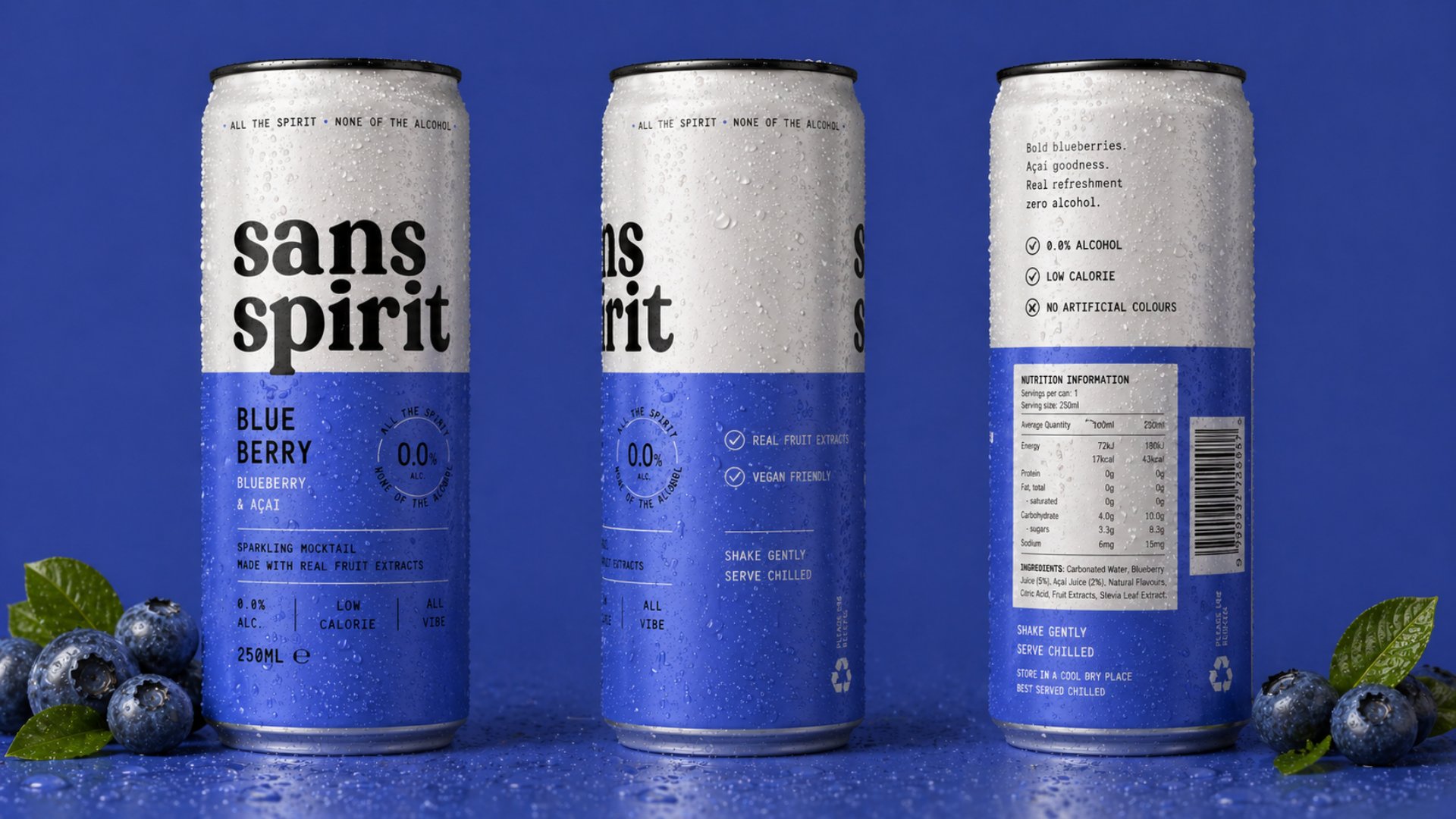 Sans Spirit blueberry can lineup on cobalt blue