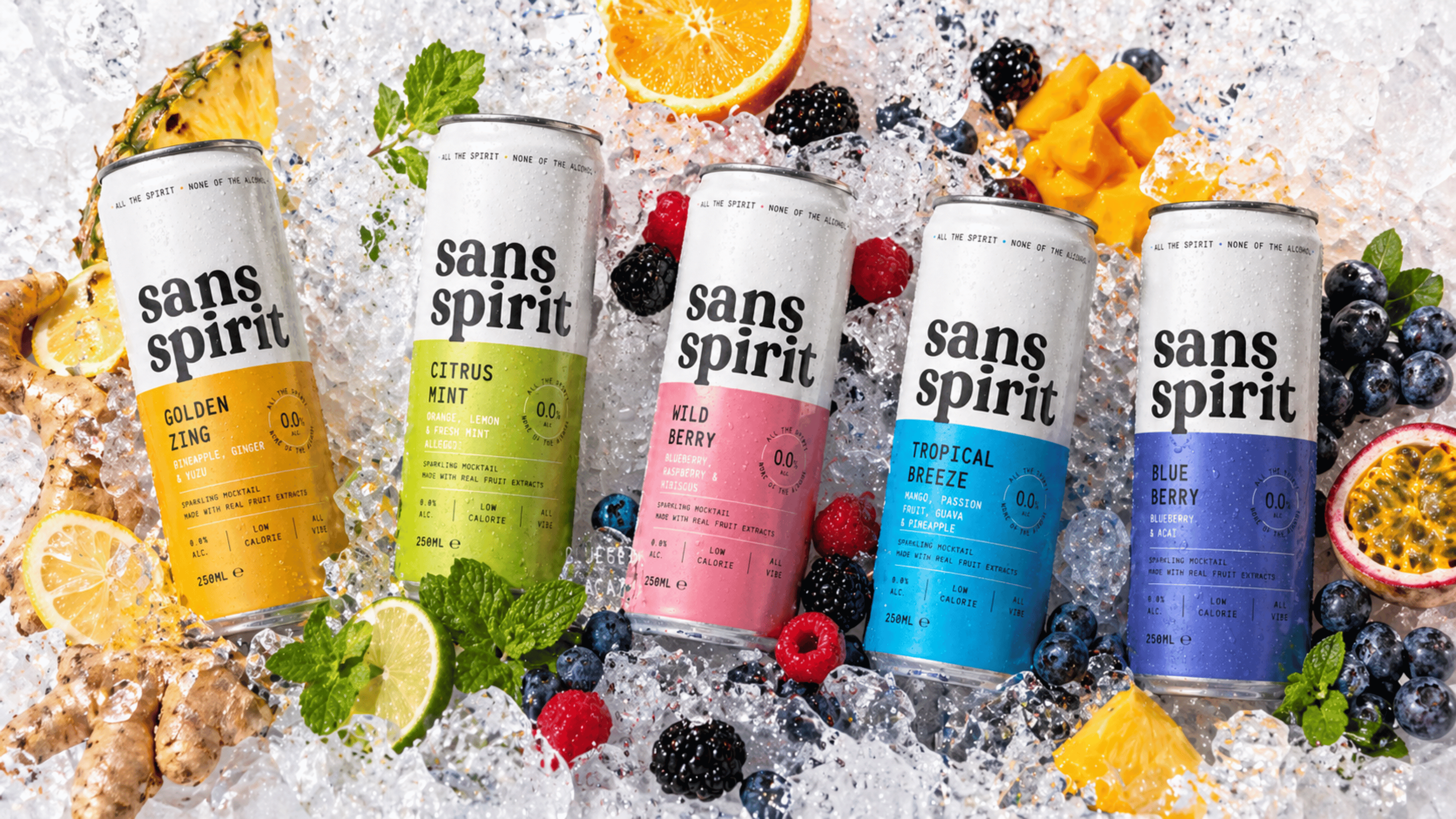 Sans Spirit full flavour range on ice with fresh fruit