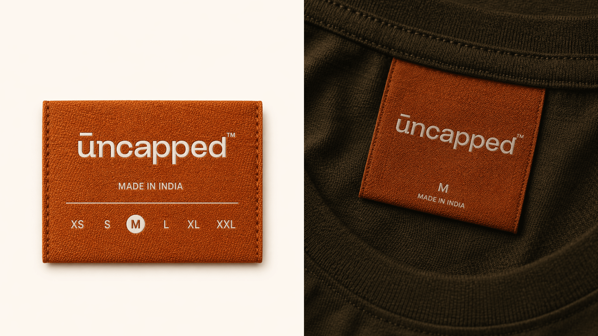 Uncapped woven label — flat and on-garment detail
